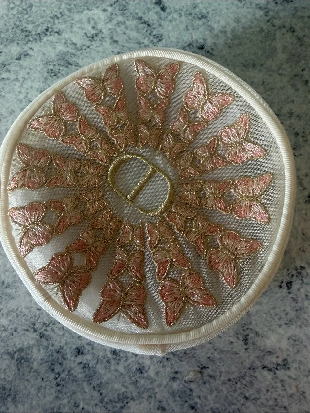 Dior Embroidered Butterfly Round Cosmetic Pouch - Pink & Gold